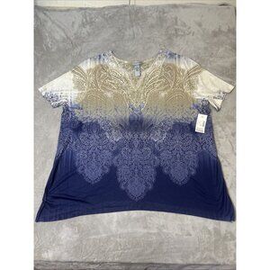 Women’s Catherines Blouse Paisley Navy Blue Tan Rhinestones Embroidered Neck 2X